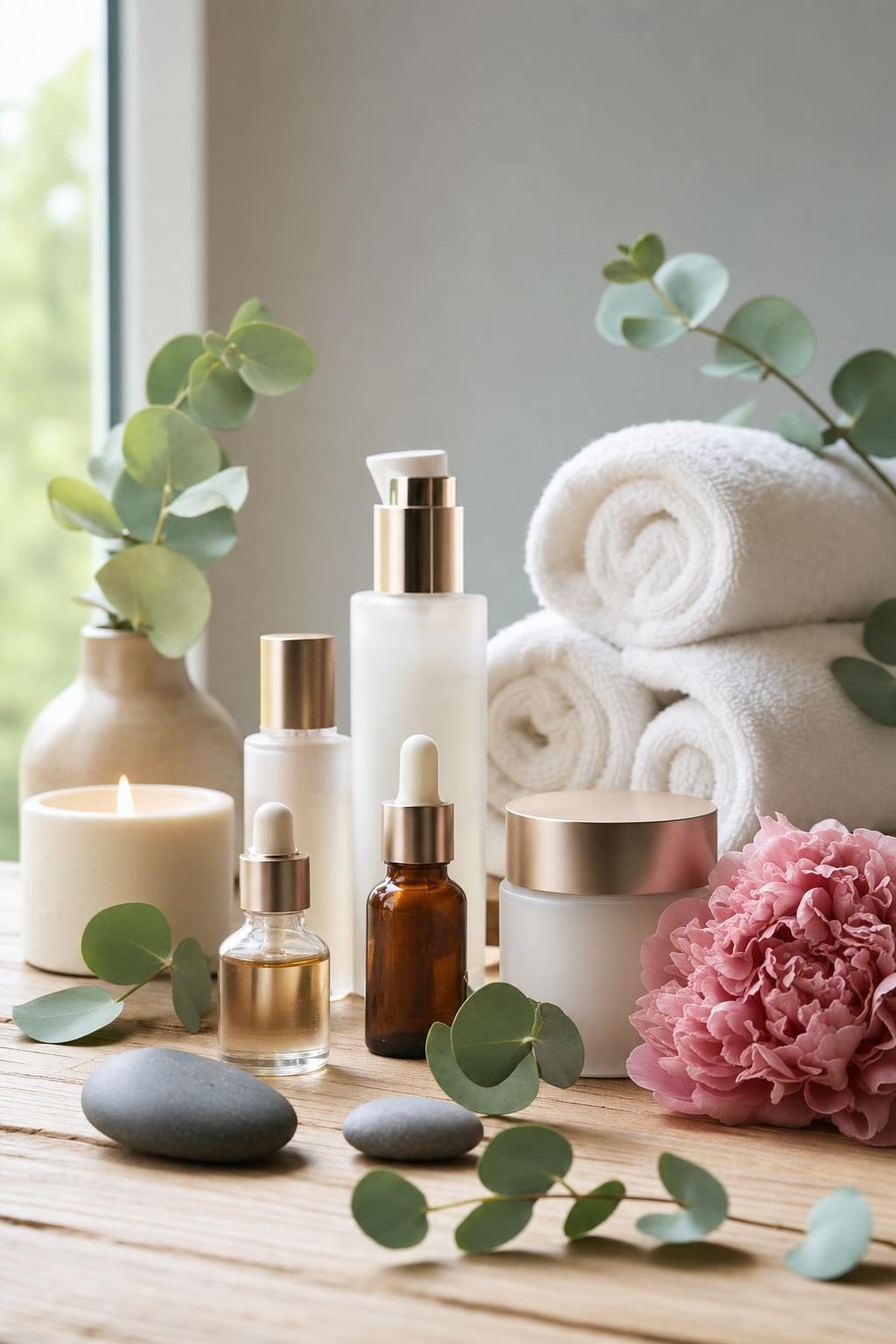 Skincare products, rolled towels and eucalyptus at Portsmouth Spa