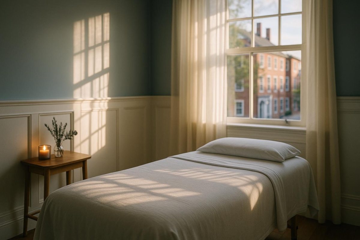 Portsmouth spa treatment room with New England charm and afternoon sunlight